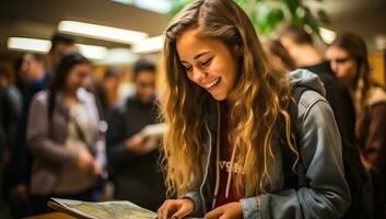 étudiant femmes sourire à parfait grades dans école. ai généré. photo