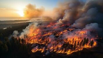 forêt Feu. brûlant sec herbe et des arbres dans le champ. aérien voir. ai généré. photo