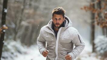 Beau Jeune homme le jogging dans le parc pendant une chute de neige. ai généré. photo