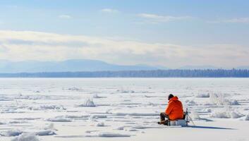 hiver pêche dans lac. ai généré. photo