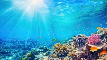 sous-marin vue de corail récif avec des poissons et coraux, sous-marin paysage ai généré photo