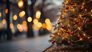 Noël arbre avec lumières dans le ville. Noël et Nouveau année Contexte. ai généré. photo