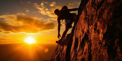 silhouette de une homme escalade sur une falaise contre le réglage Soleil ai généré photo