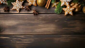 Noël pain d'épice biscuits et épices sur en bois Contexte. Haut vue avec copie espace. ai généré. photo