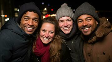 groupe de copains dans hiver vêtements souriant et à la recherche à caméra ai généré photo