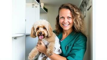 une souriant femelle vétérinaire avec mignonne chien dans sa bureau. ai généré. photo