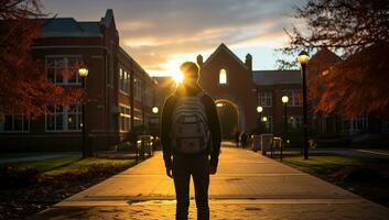 Jeune homme avec sac à dos permanent dans de face de une école bâtiment à le coucher du soleil. ai généré. photo