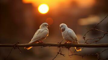pigeons sur une branche dans le des rayons de le réglage Soleil. ai généré. photo