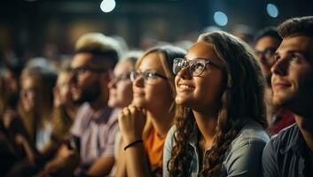 groupe de content Jeune gens écoute à le Maître de conférences à le conférence salle. ai généré. photo