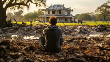 homme séance sur le sol dans de face de une maison avec une cassé arbre. ai généré. photo