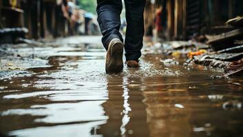 pieds de une homme en marchant par une inondé rue après lourd pluie ai généré photo