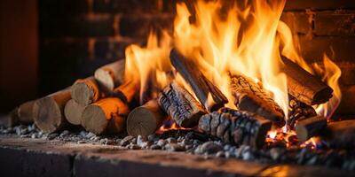 brûlant bois de chauffage dans une cheminée ai généré photo