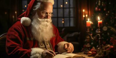 Père Noël claus en train de lire une livre à maison. Noël. ai généré. photo