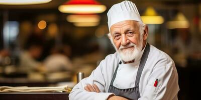 portrait de une Sénior Masculin chef permanent dans une restaurant et à la recherche à caméra. ai généré. photo