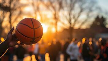 basketball Balle dans le main de une joueur pendant le coucher du soleil. ai généré. photo