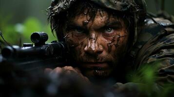 guerre concept. militaire homme avec machine pistolet sur foncé forêt Contexte. ai généré. photo