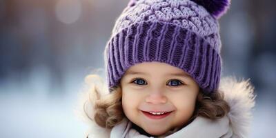 portrait de une mignonne souriant peu fille dans une hiver chapeau ai généré photo