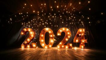 content Nouveau année 2024 avec lumière ampoules. ai généré. photo