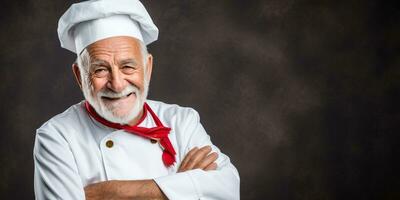 une Sénior Masculin chef permanent avec bras franchi et à la recherche à caméra. ai généré. photo