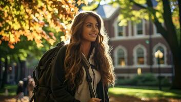 une femelle étudiant dans le l'automne jardin. ai généré. photo