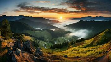 Montagne paysage à lever du soleil. coloré été lever du soleil dans le montagnes. ai généré. photo