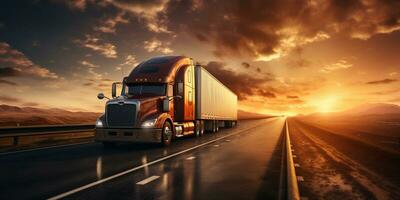 camions conduite sur Autoroute, rural paysage, spectaculaire coucher de soleil, transport sur route, ai génératif photo