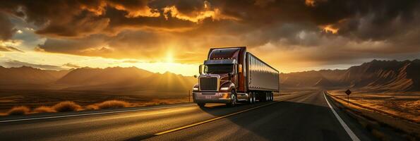 camions conduite sur Autoroute, rural paysage, spectaculaire coucher de soleil, transport sur route, ai génératif photo