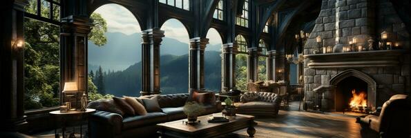 intérieur conception, magnifique vivant pièce gothique style, luxe manoir, élégant grand fenêtre, ai génératif photo