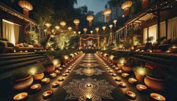 un Extérieur jardin réglage pendant diwali nuit, où Lignes de diyas lumière en haut voies. ai génératif. photo