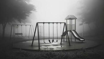 une photographier mettant en valeur un vide terrain de jeux sur une brumeux matin, représentant le sentiments de solitude et vide associé avec dépression. ai généré photo