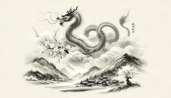 une gracieux dragon enroulement ses façon par des nuages au dessus une tranquille village, représentant la chance et pouvoir. Cerise fleurs dérive dans le vent, symbolisant le renouvellement de printemps. ai généré photo
