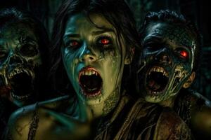 effrayant zombi avec sanglant visage en plein air, fermer. Halloween monstre, ai génératif photo