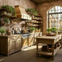 rustique ferme cuisine, élégant spacieux cuisine zone, intérieur conception, ai génératif photo