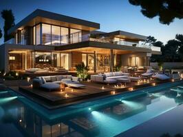 3d moderne villa avec une nager bassin et salon zone ai génératif photo