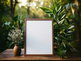vide Cadre sur une blanc table avec les plantes maquette pour art vitrine ai génératif photo