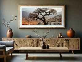 intérieur conception de le moderne vivant pièce avec une en bois rustique cabinet et une affiche Cadre ai génératif photo
