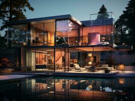 moderne luxe extérieur maison avec bassin ai génératif photo