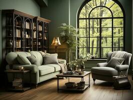 lumière vert et foncé gris vivant pièce avec beaucoup meubles ai génératif photo