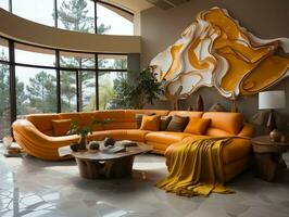 moderne vivant pièce avec courbe canapé et Jaune et blanc texturé mur ai génératif photo
