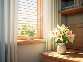 intérieur pièce avec élégant fenêtre et élégant fleur dans coin ai génératif photo