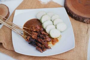 poulet satay sur une blanc assiette avec cacahuète sauce photo