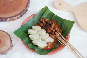 poulet satay sur une blanc assiette avec cacahuète sauce photo