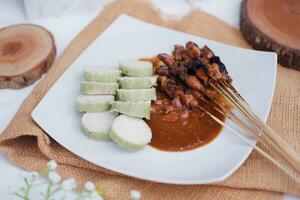 poulet satay sur une blanc assiette avec cacahuète sauce photo