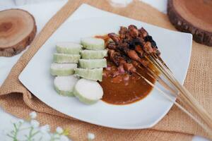 poulet satay sur une blanc assiette avec cacahuète sauce photo