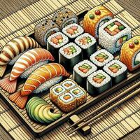 un illustration de une Sushi ensemble affiché sur une bambou tapis, détaillant différent Sushi pièces avec baguettes repos à côté de eux. ai génératif photo