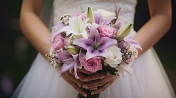 mariage bouquet de fleurs, la mariée en portant fleurs, ai généré photo