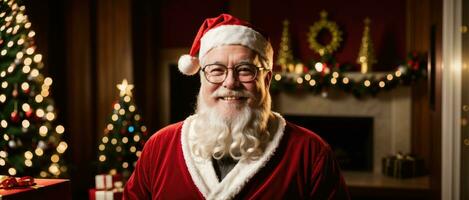 Père Noël souriant dans Noël avec cadeaux et Noël arbre, ai généré photo