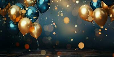 réaliste de fête Contexte avec d'or et bleu des ballons chute confettis floue Contexte et une bokeh lumières, ai génératif photo