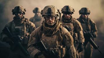 groupe de nombreuses moderne soldats pleinement équipé orienté vers le caméra dans une poussiéreux et smog environnement. génératif ai photo