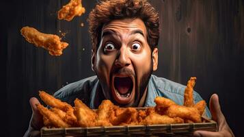 une surpris expression Caisse une marrant homme en mangeant pièces de frit poulet, une Masculin visage avec expression excité à manger aliments. génératif ai photo